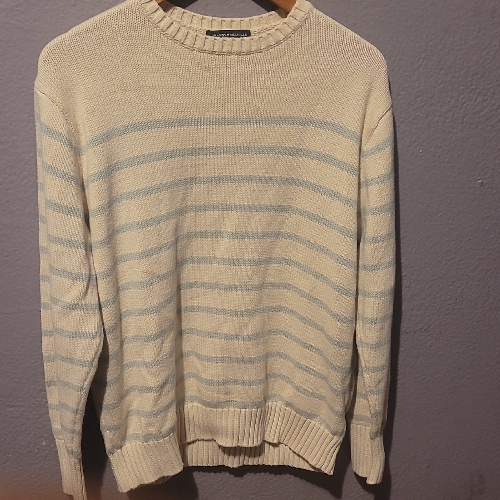 Brandy Melville Cream and Gray Striped Crewneck Sweater